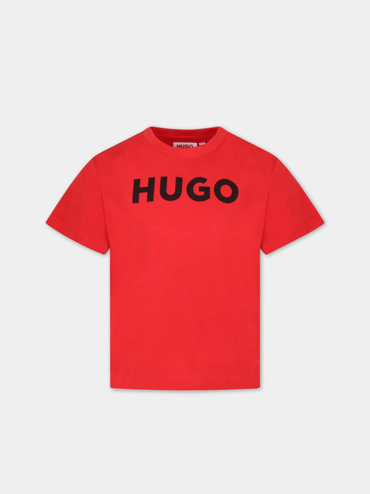 T-shirt rossa per bambino con logo nero,Hugo,G25102 990