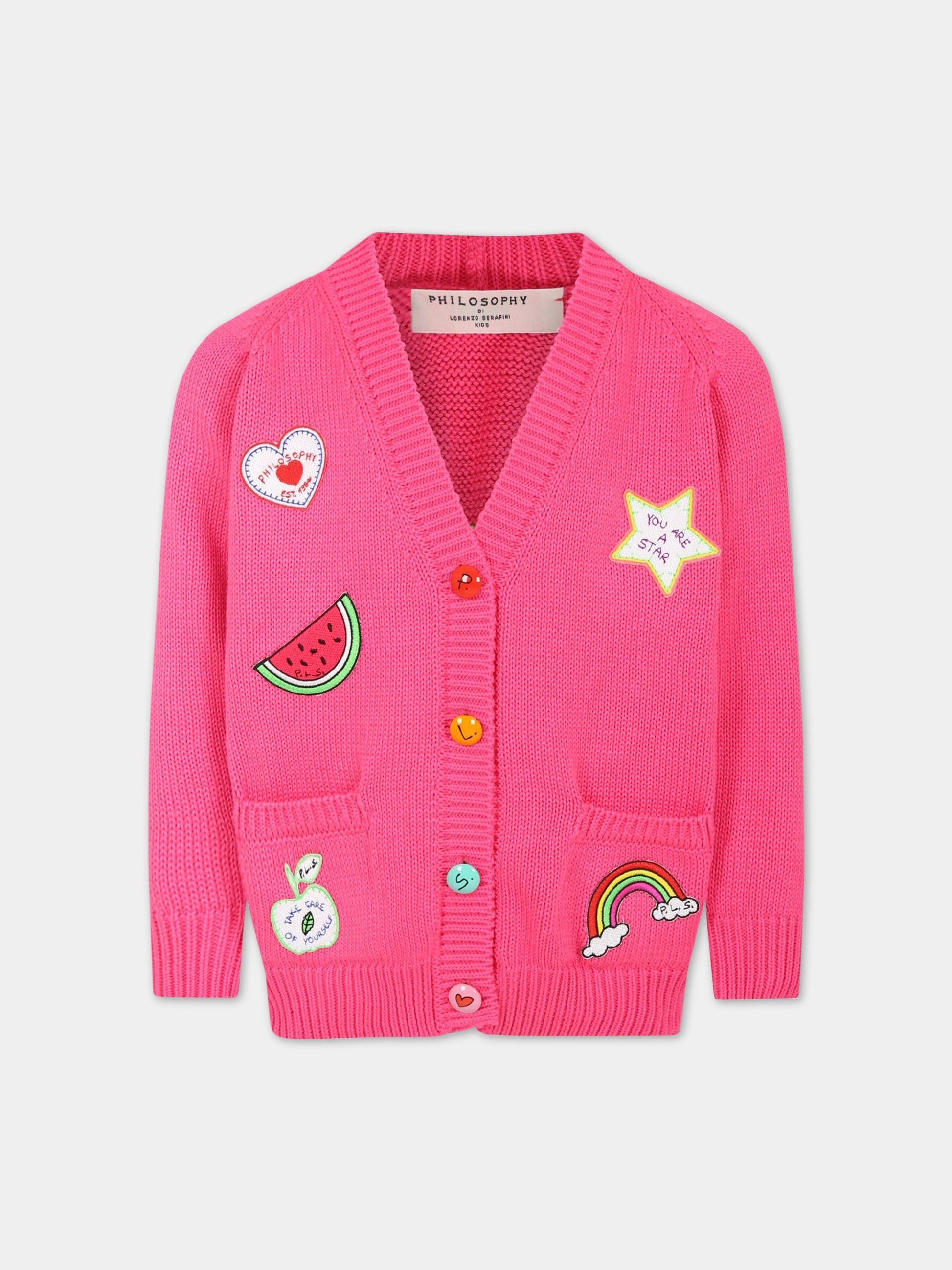 Cardigan fucsia per bambina con patch,Philosophy,PJMA81C FL209 C026