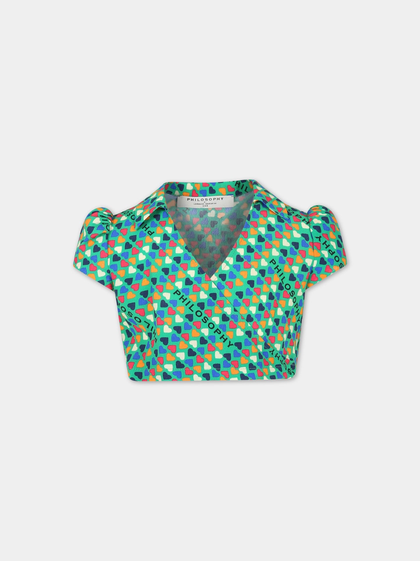 T-shirt verde per bambina con cuori e scritta,Philosophy,PJCA137 GA111 1002