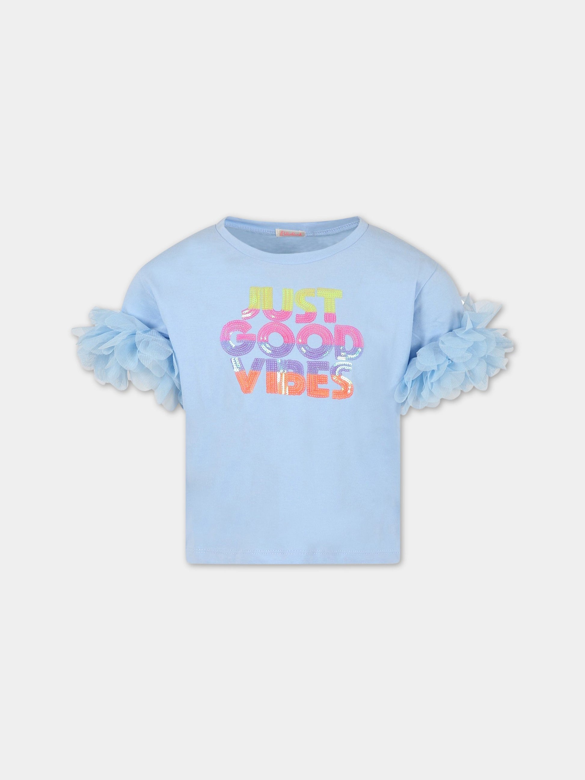 T-shirt celeste per bambina con paillettes,Billieblush,U15B13 798