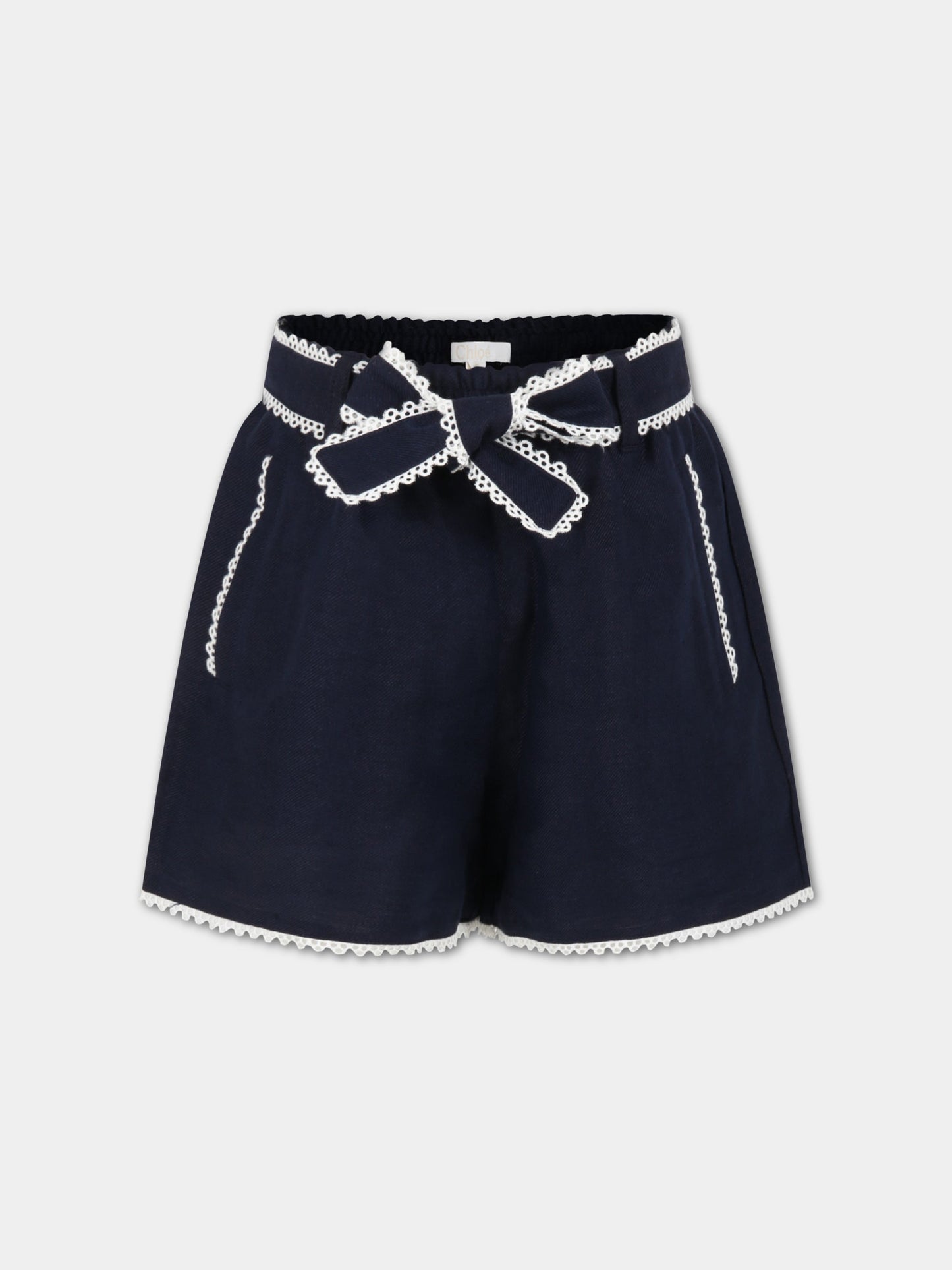 Shorts blu per bambina con dettagli smerlati,Chloé Kids,C14738 859