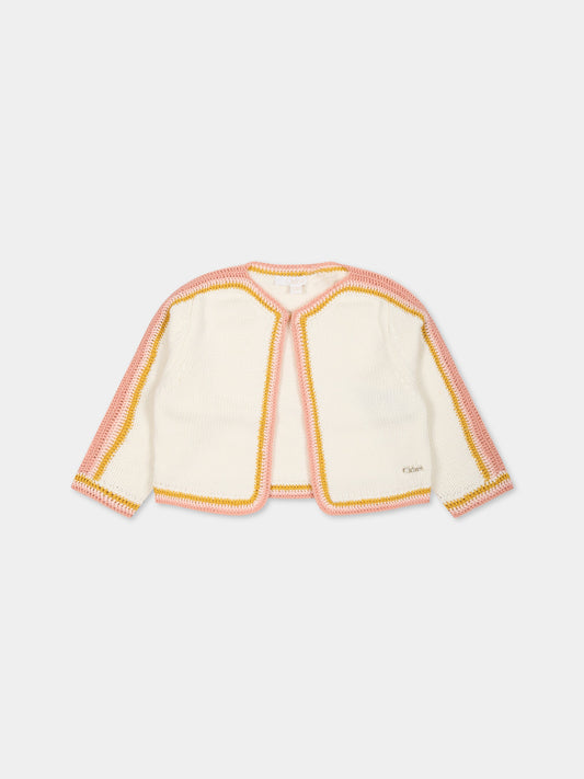 Cardigan bianco per bambina con dettagli multicolor e logo,Chloé Kids,C05430 117