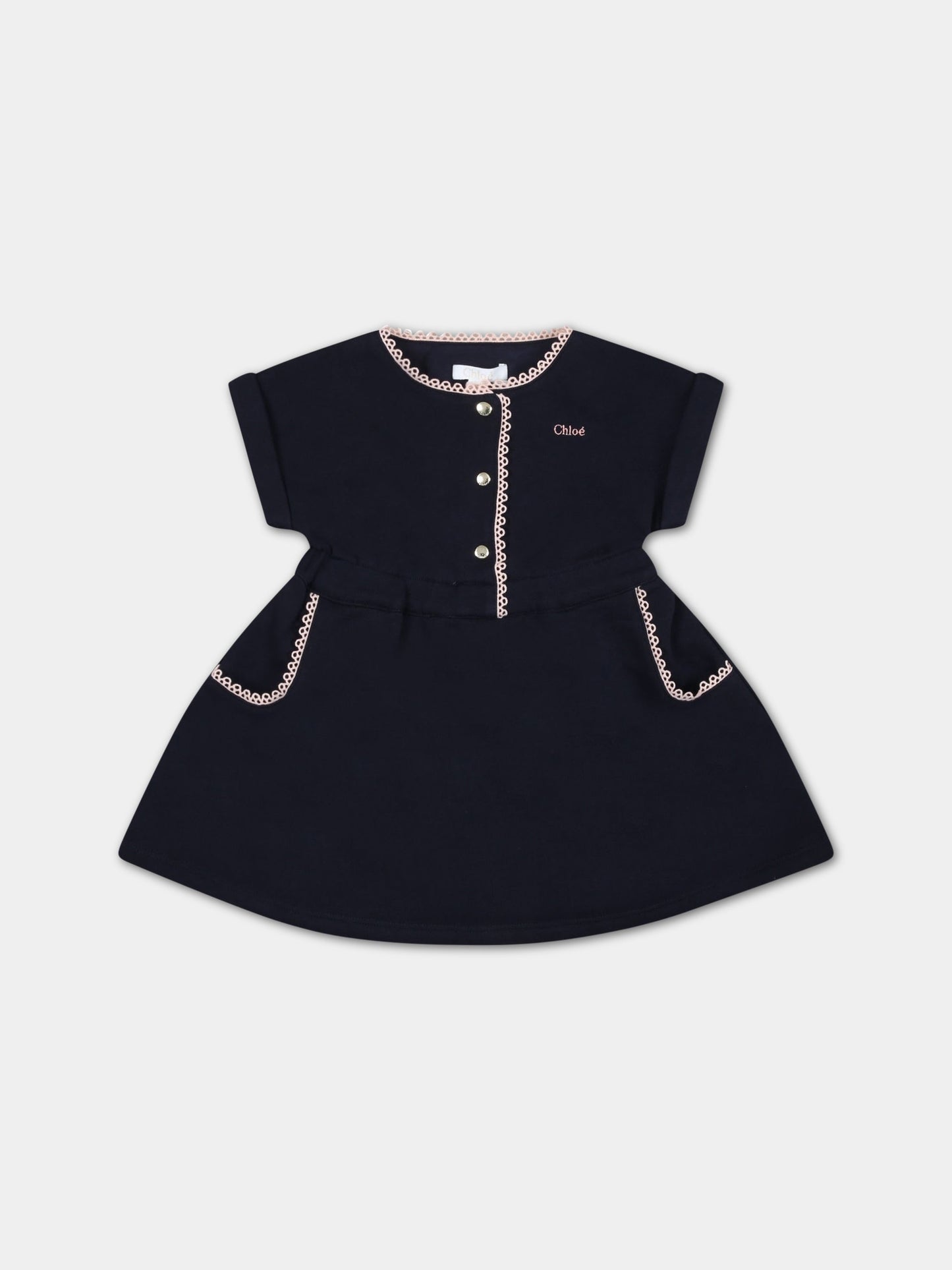 Vestito blu per neonata con logo rosa,Chloé Kids,C02338 859