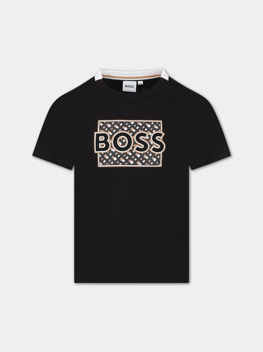 T-shirt nera per bambino con logo,Boss,J25O14 09B