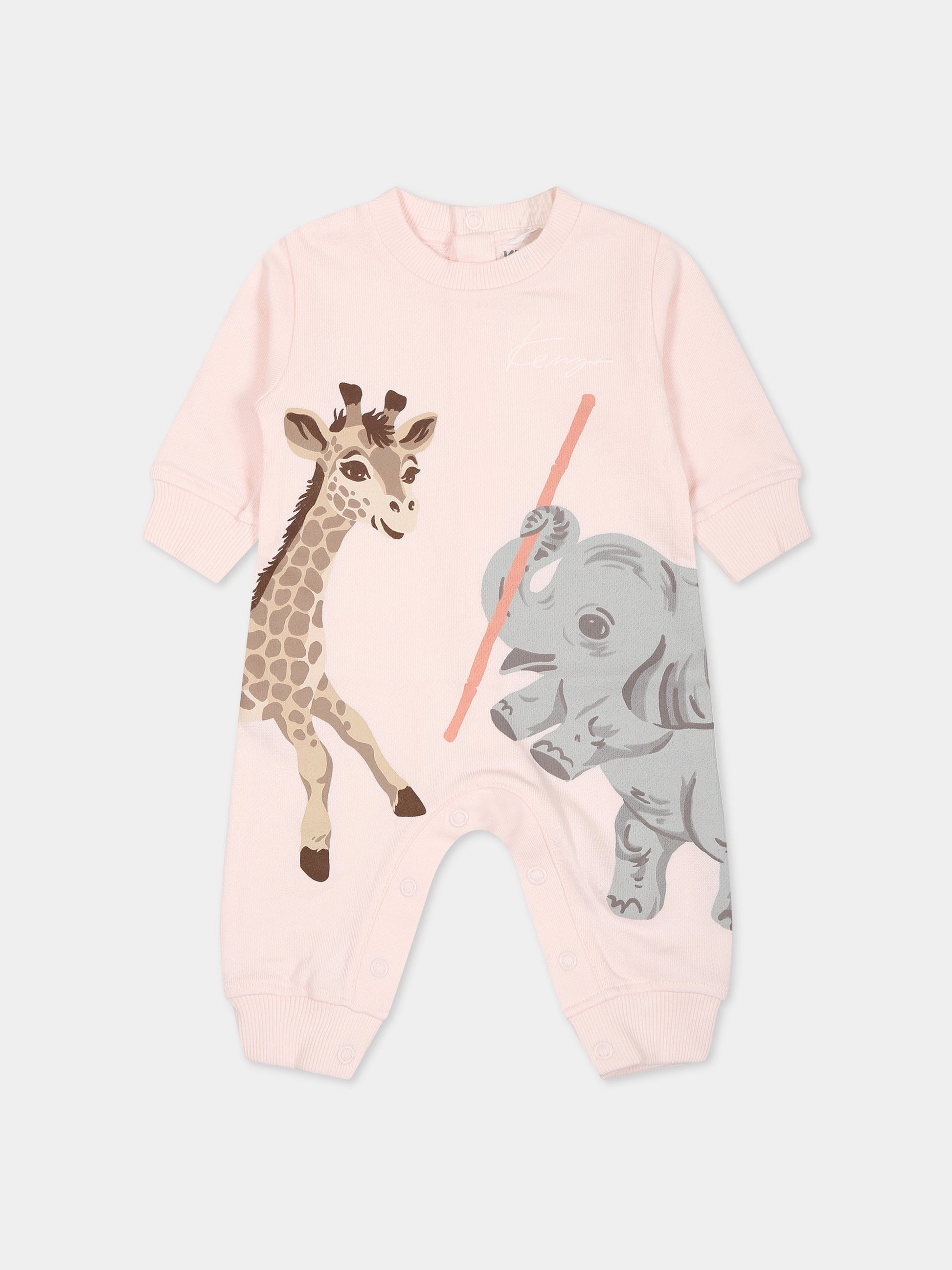 Tutina rosa per neonata con stampa elefante, giraffa e logo,Kenzo Kids,K94103 450