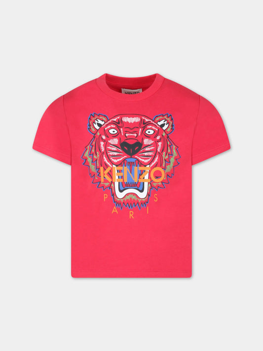 T-shirt fucsia per bambina con tigre e logo,Kenzo Kids,K15655 491
