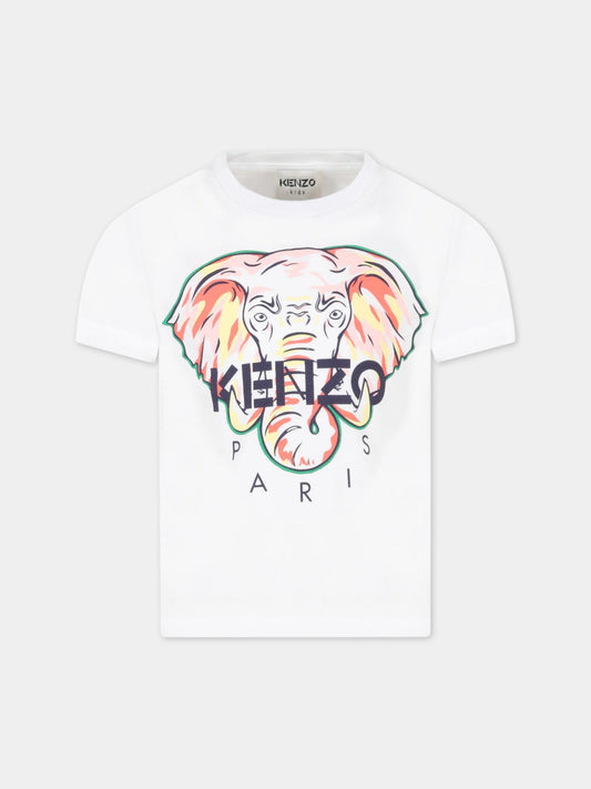 T-shirt bianca per bambina con elefante e logo,Kenzo Kids,K15619 10P