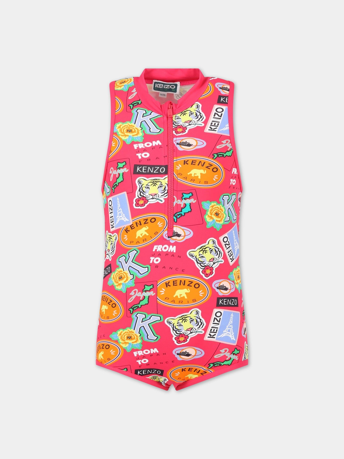 Costume fucsia per bambina con tigre e logo,Kenzo Kids,K10065 491