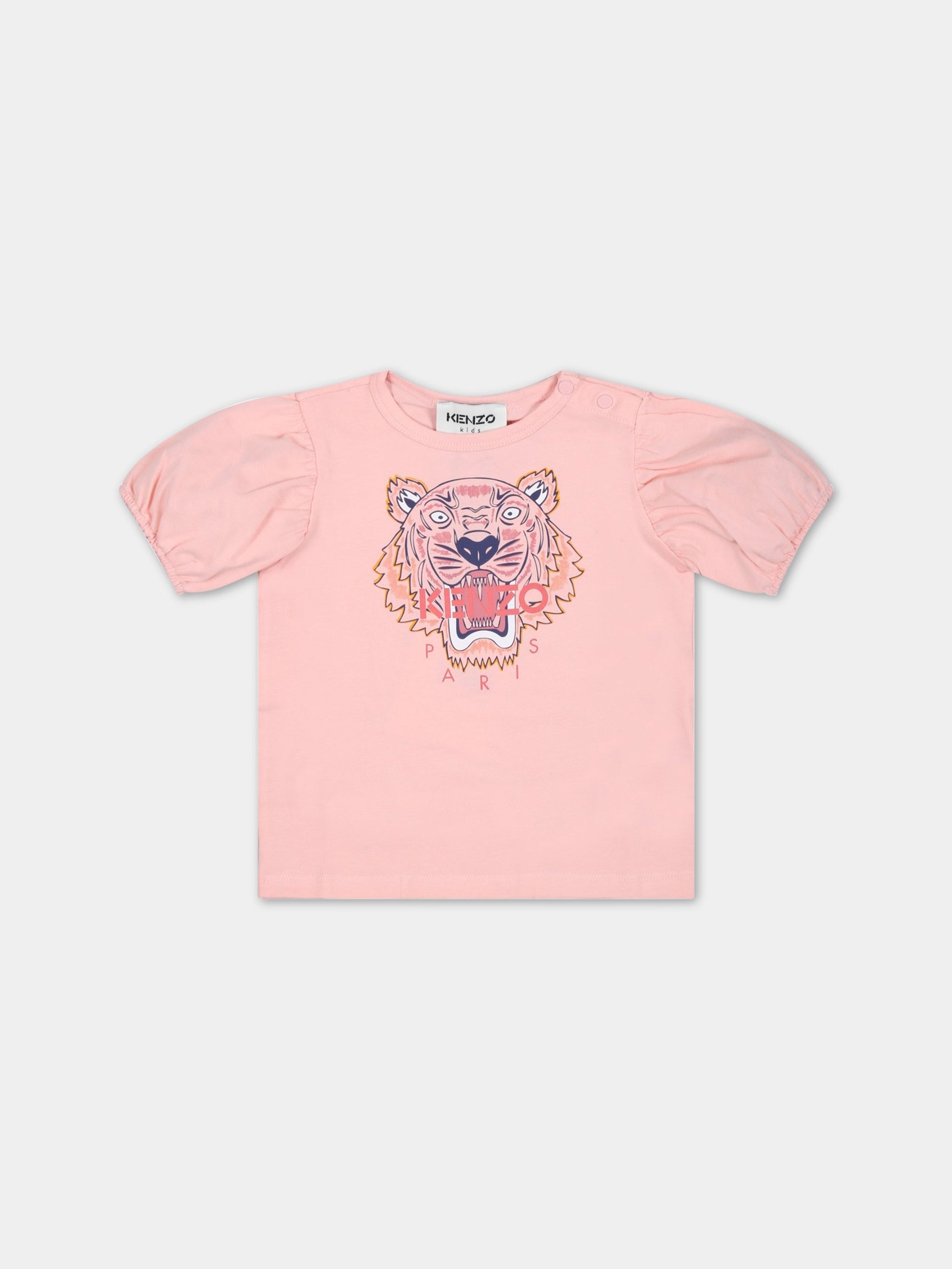 T-shirt rosa per neonata con tigre iconica e logo,Kenzo Kids,K05450 46G