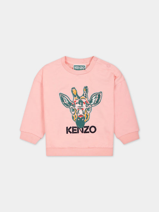 Felpa rosa per neonata con giraffa e logo,Kenzo Kids,K05483 46G
