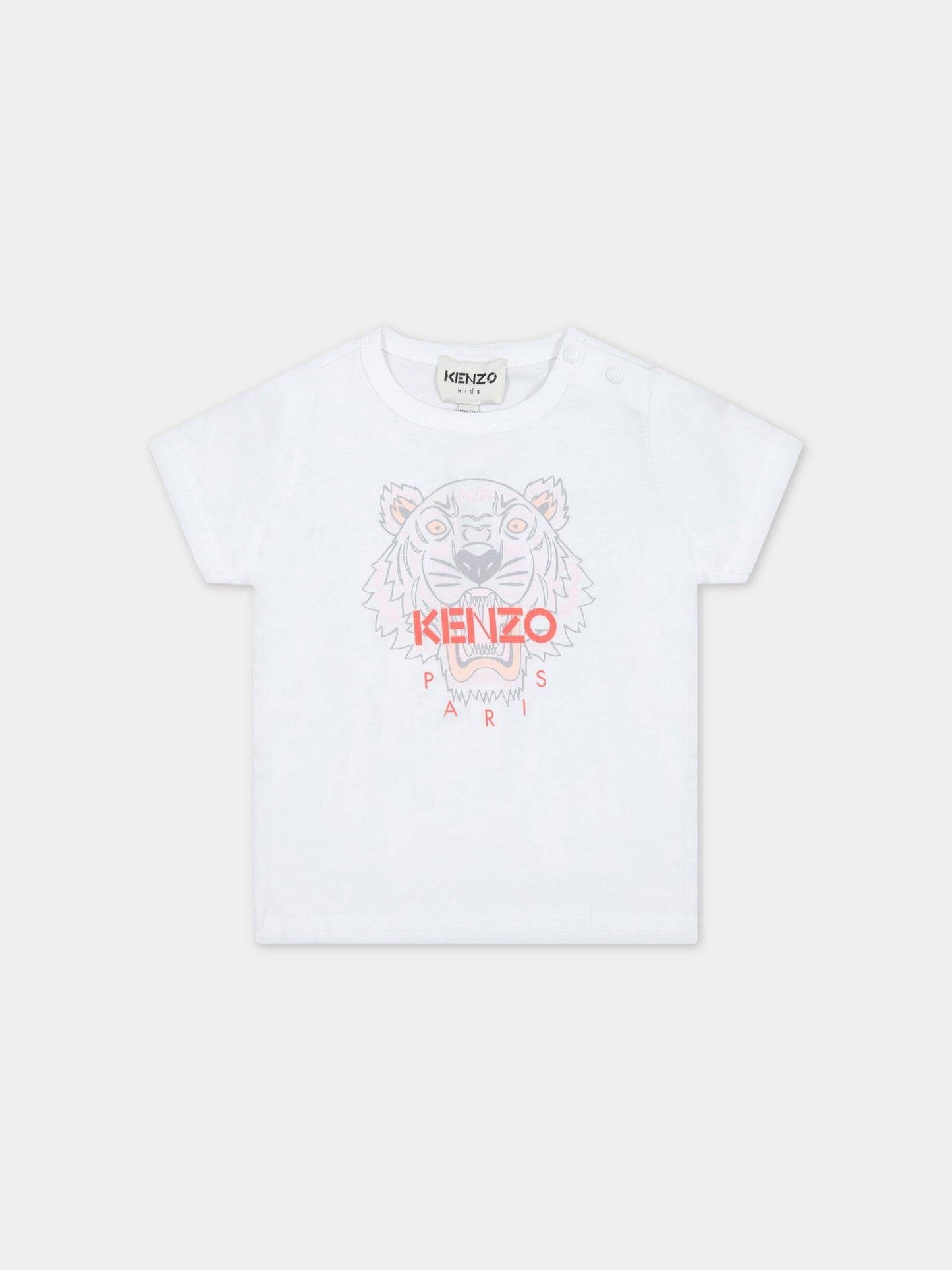 T-shirt bianca per neonata con tigre iconica e logo,Kenzo Kids,K05451 10B