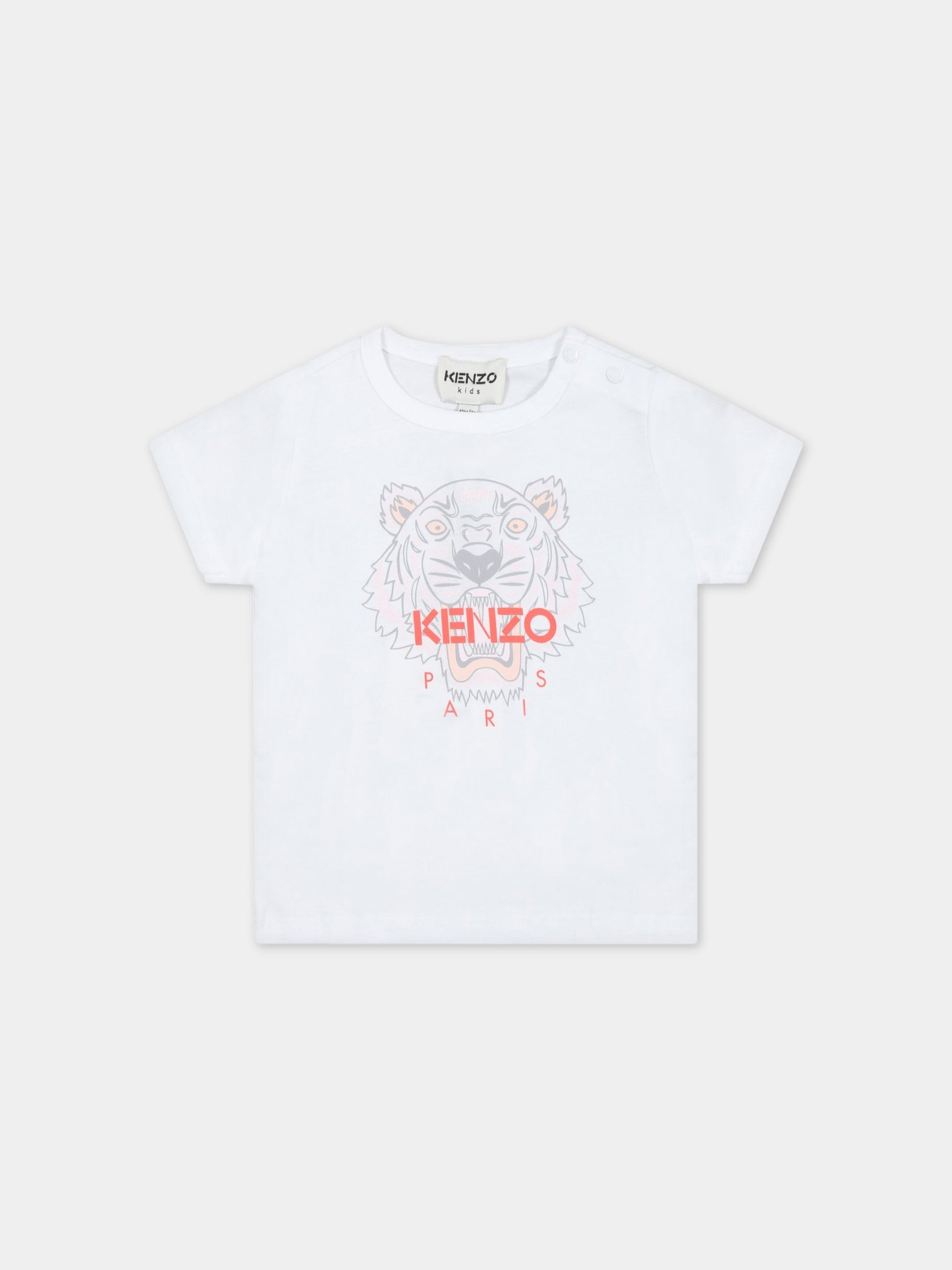 T-shirt bianca per neonata con tigre iconica e logo,Kenzo Kids,K05451 10B