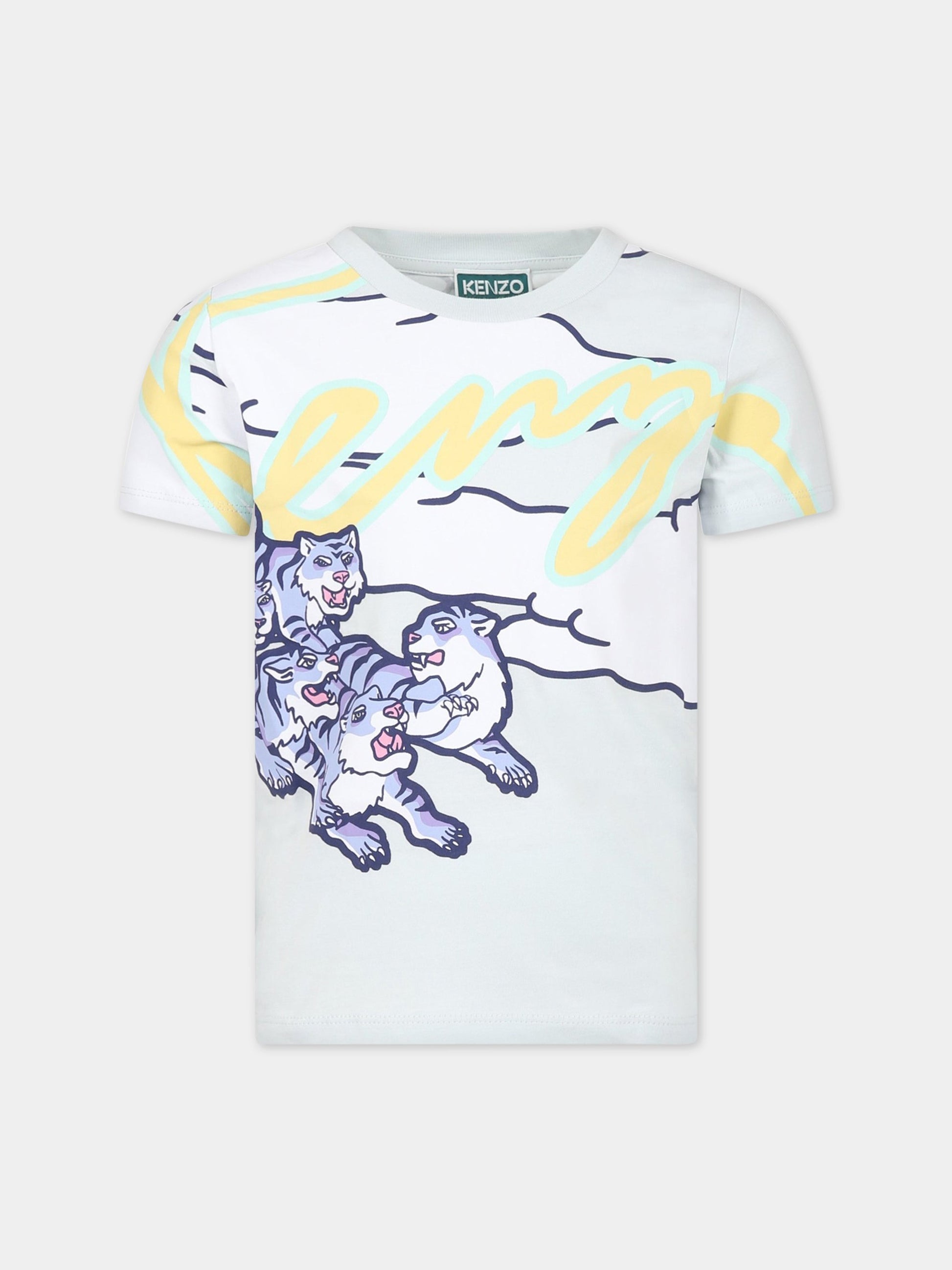 T-shirt celeste per bambino con tigre e logo,Kenzo Kids,K25796 791
