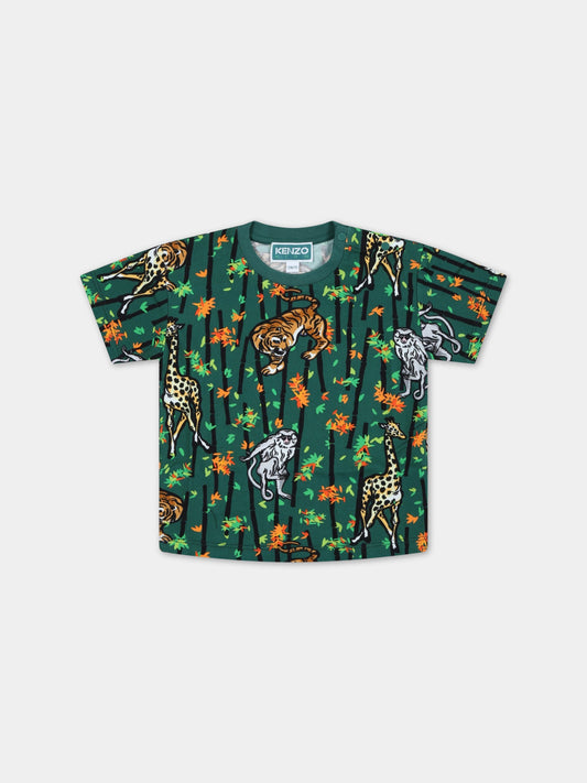 T-shirt verde per neonato con stampa jungle all-over,Kenzo Kids,K05455 678