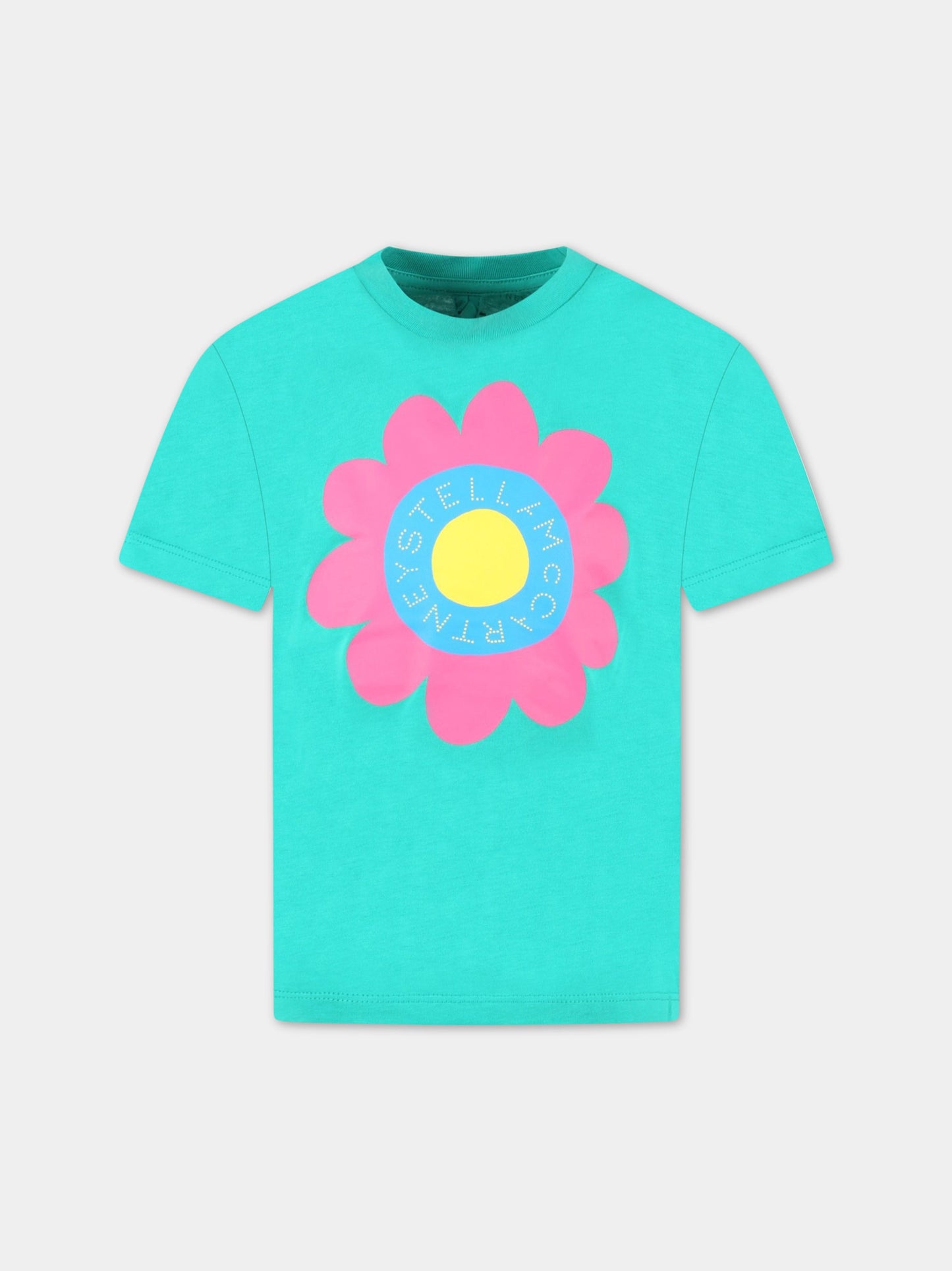 T-shirt verde per bambina con fiore e logo,Stella Mccartney Kids,TS8B01 Z0434  716