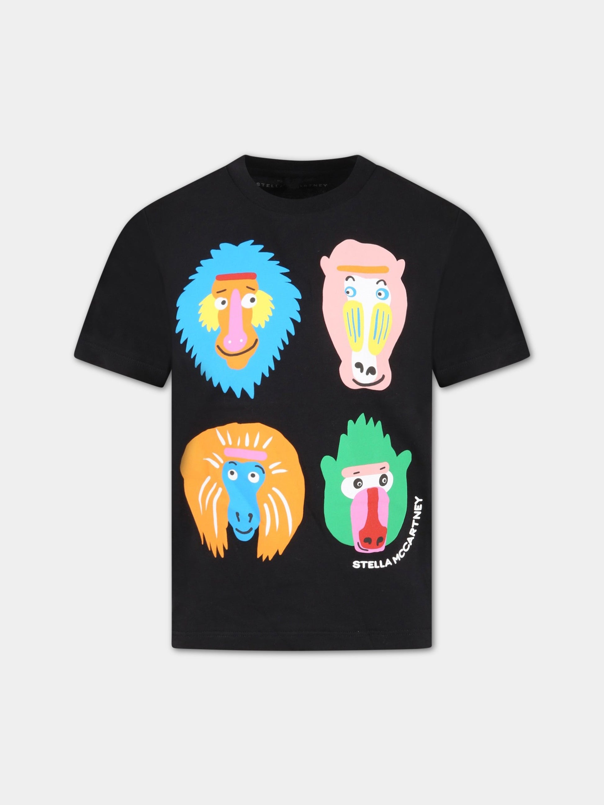 T-shirt nera per bambini con animali e logo,Stella Mccartney Kids,TS8R61 Z0434 930