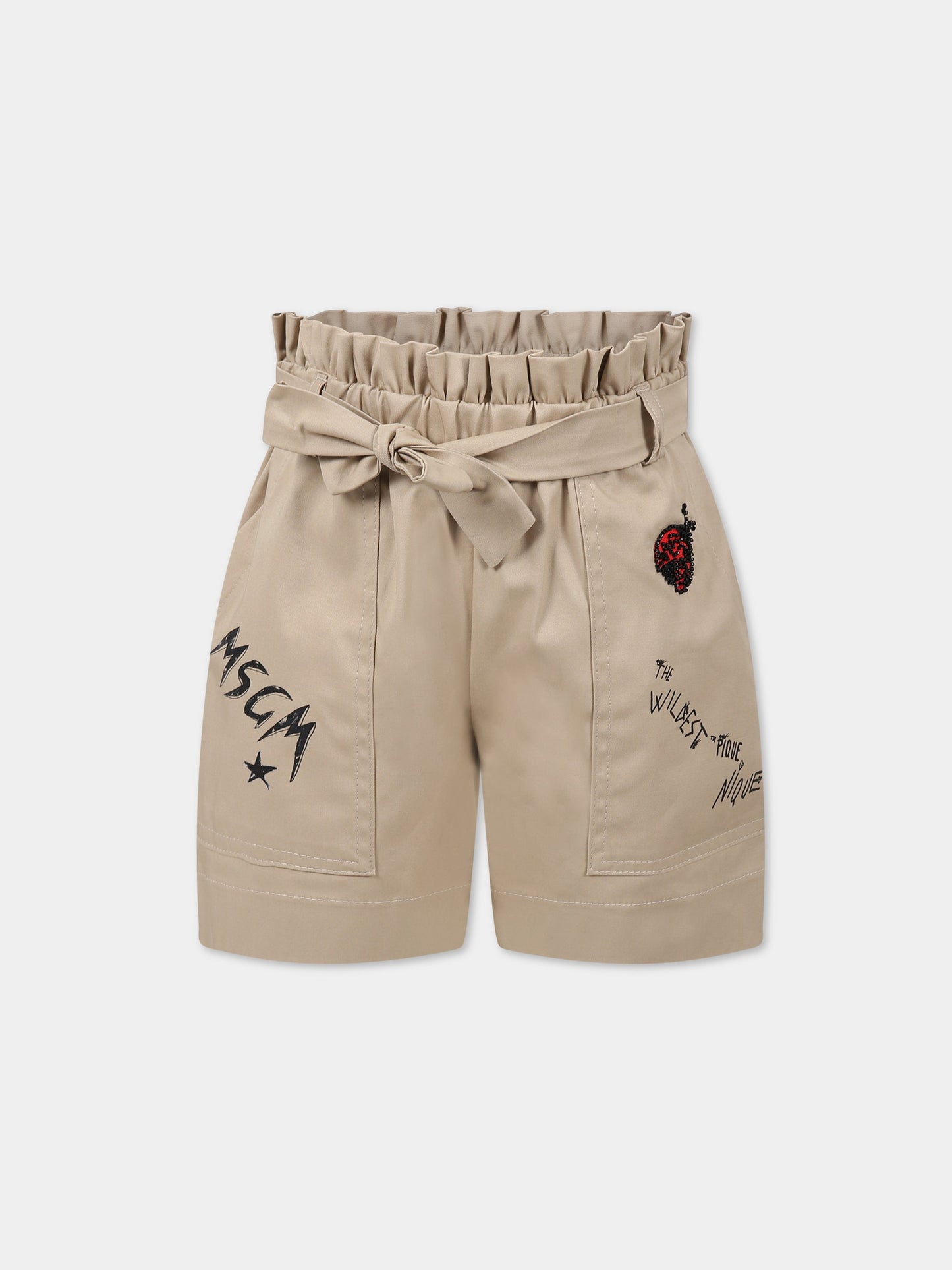 Shorts beige per bambina con stampa multicolor e logo,Msgm Kids,MS029400 015