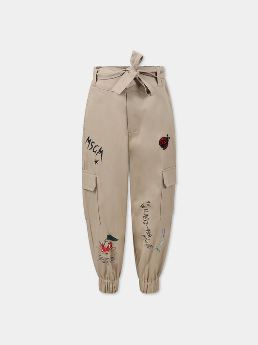 Pantaloni beige per bambina con stampa multicolor e logo,Msgm Kids,MS029406 015