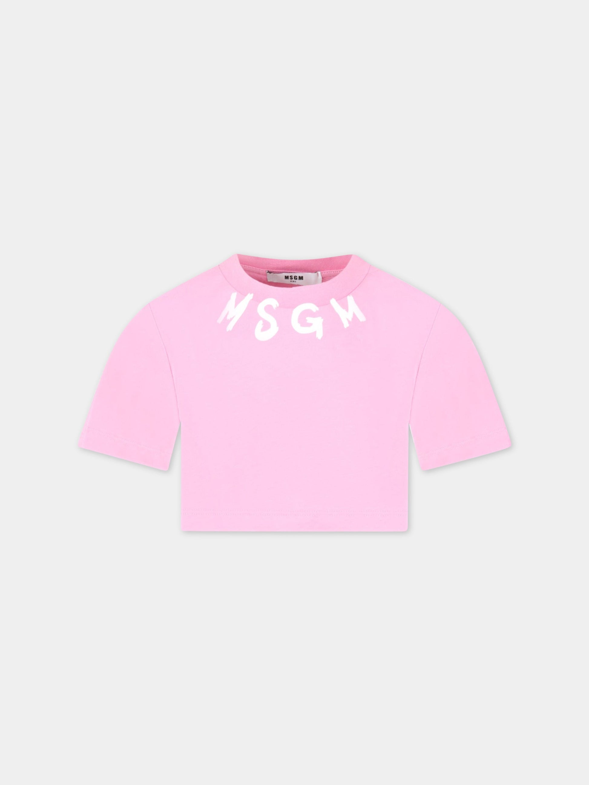T-shirt rosa corta per bambina con logo bianco,Msgm Kids,MS029339 042