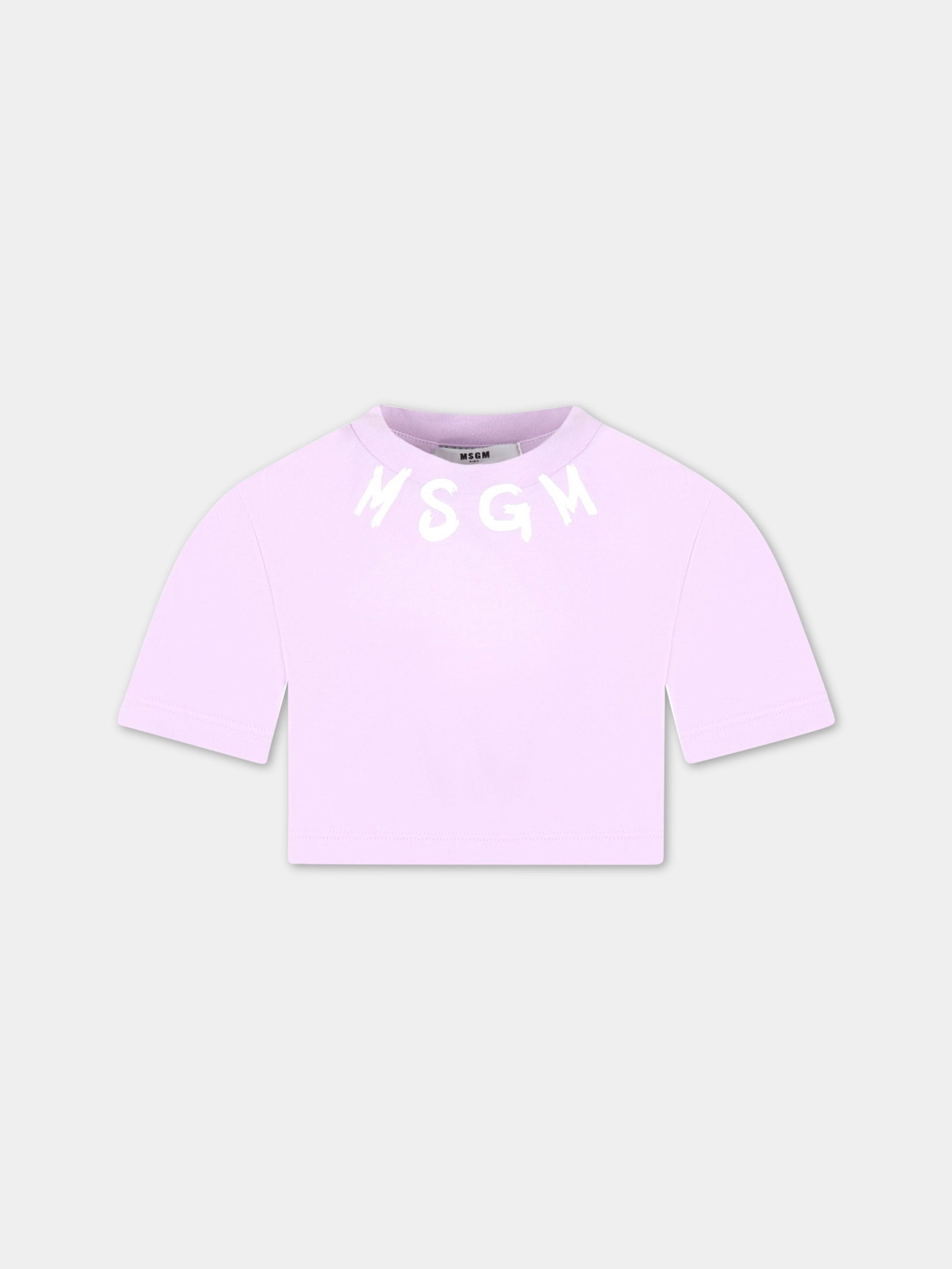 T-shirt viola corta per bambina con logo bianco,Msgm Kids,MS029339 071