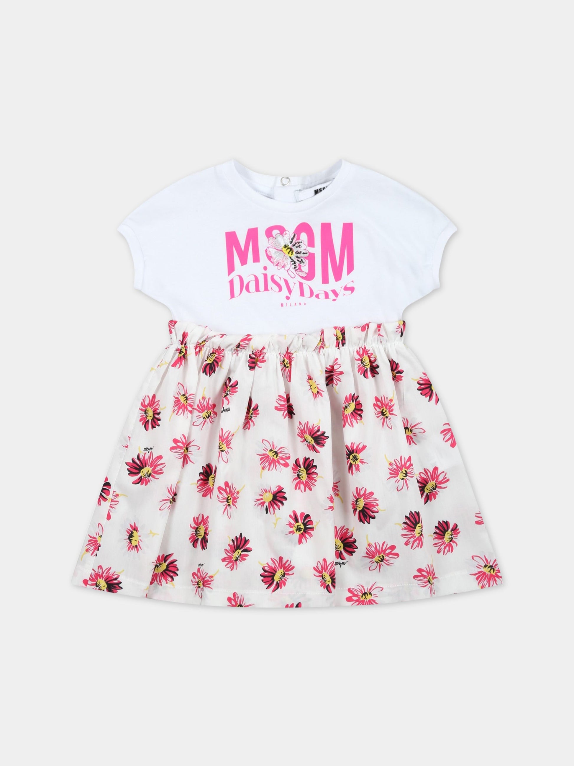 Vestito bianco per neonata con logo e fiori,Msgm Kids,MS029386 200