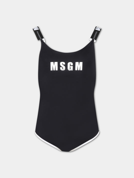 Costume nero da bagno per bambina con logo bianco,Msgm Kids,MS029343 110