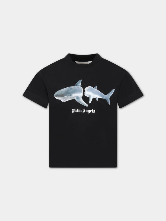 T-shirt nera per bambino con logo bianco e squalo,Palm Angels,PBAA003C99JER0031006