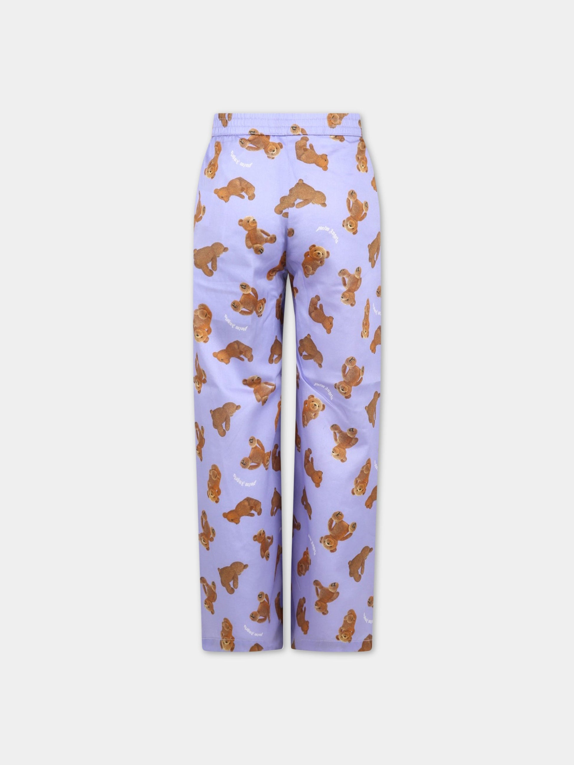 Pantaloni viola per bambina con orso e logo,Palm Angels,PGCA004S23FAB0013660