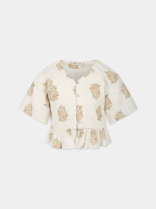 Camicia avorio per bambina con stampa fiori,The New Society,S23 K WV07 LORETTA