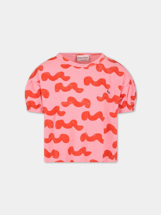 T-shirt rosa per bambina con onde rosse,Bobo Choses,123AC018