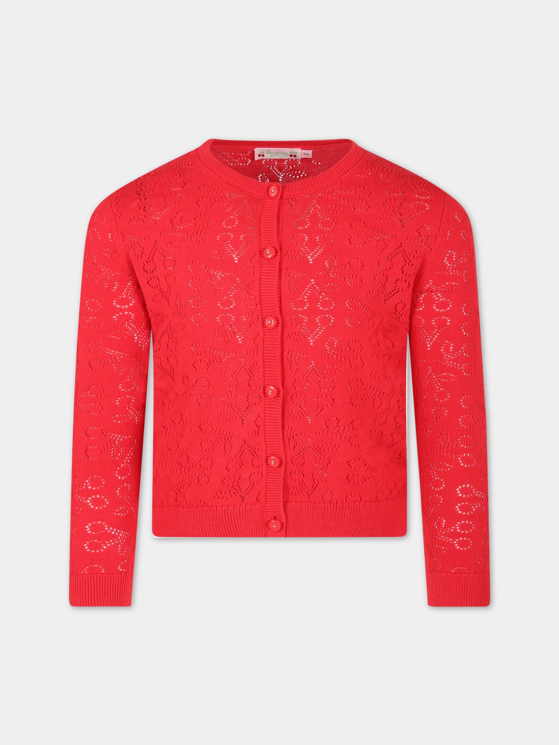 Cardigan rosso per bambina con iconiche ciliegie all-over,Bonpoint,S03GCAK00107 051
