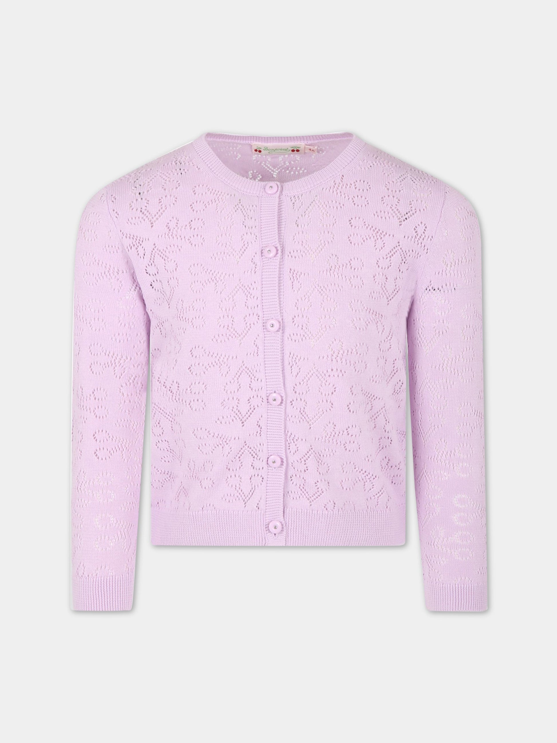 Cardigan lilla per bambina con iconiche ciliegie all-over,Bonpoint,S03GCAK00107 056A