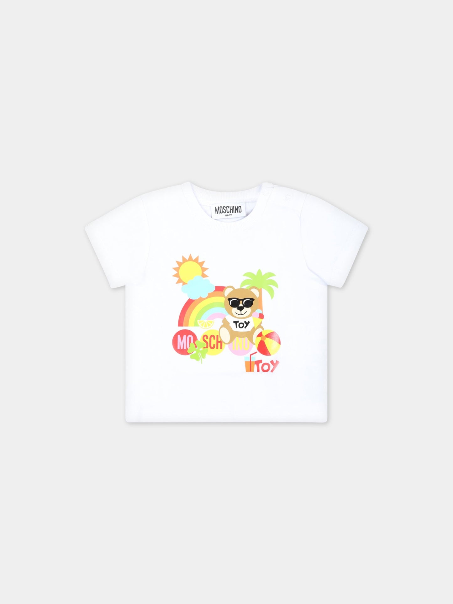 T-shirt bianca per neonati con Teddy Bear sulla spiaggia,Moschino Kids,MMM031 LBA08 10101