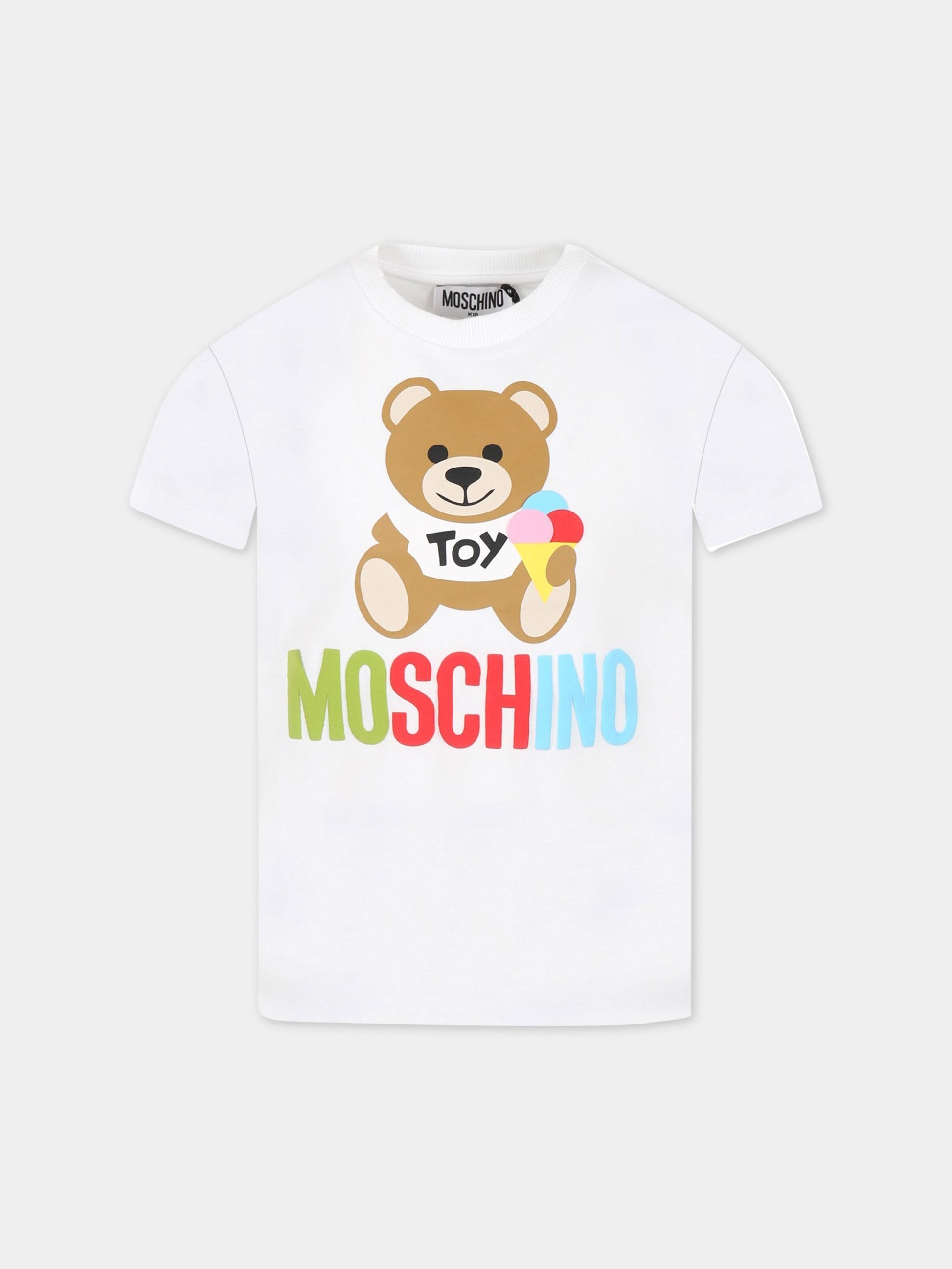 T-shirt bianca per bambini con logo e Teddy Bear,Moschino Kids,HNM03T LBA08 10101