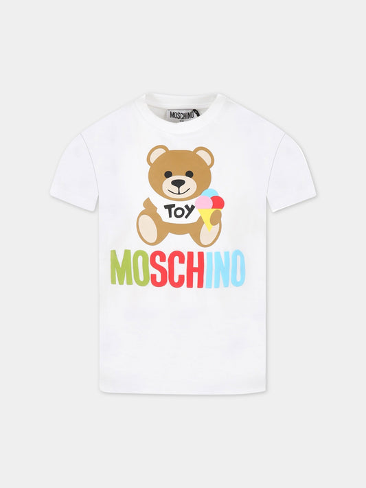 T-shirt bianca per bambini con logo e Teddy Bear,Moschino Kids,HNM03T LBA08 10101