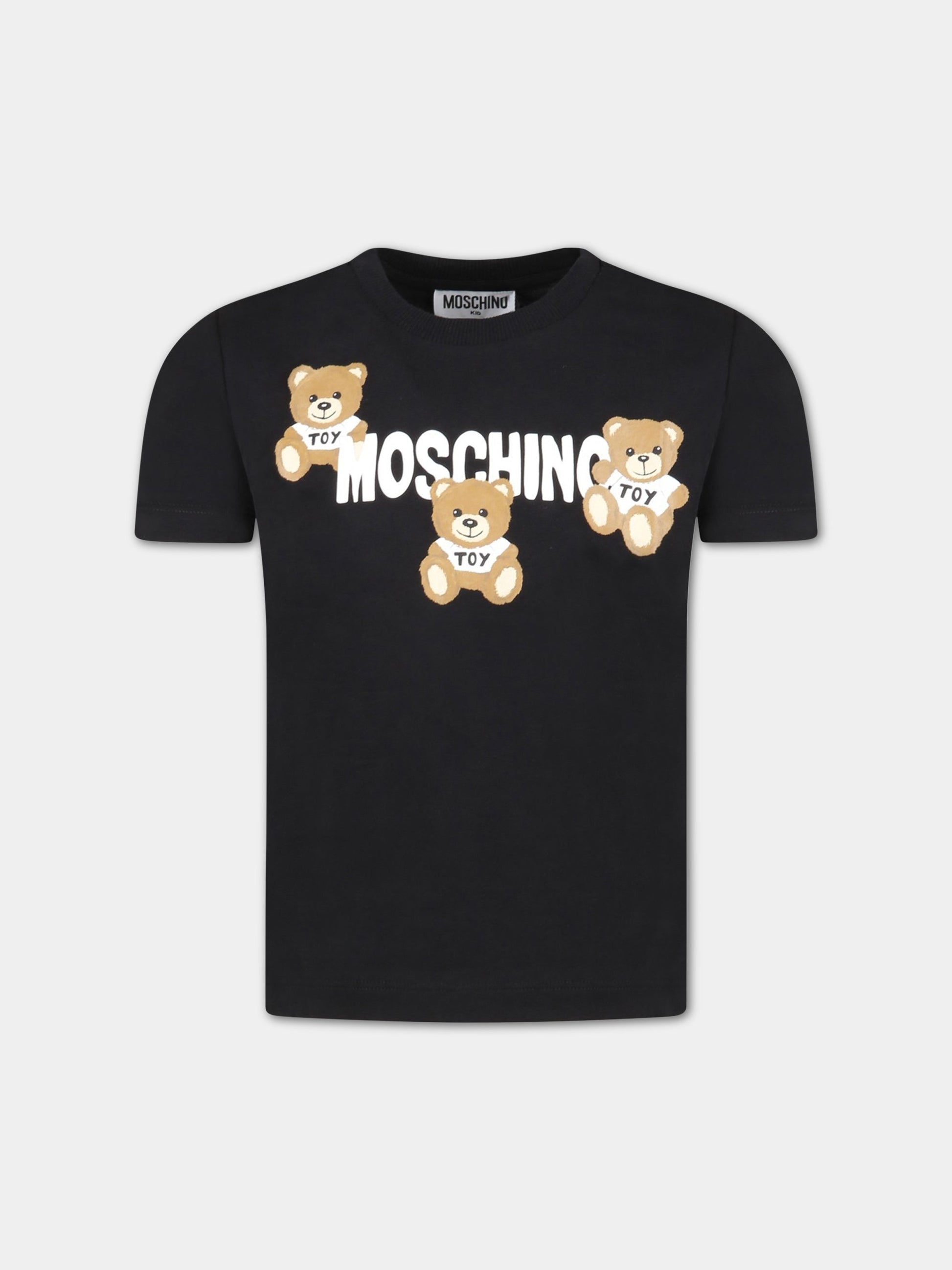 T-shirt nera per bambini con tre Teddy Bear e logo,Moschino Kids,HUM04B LAA23 60100