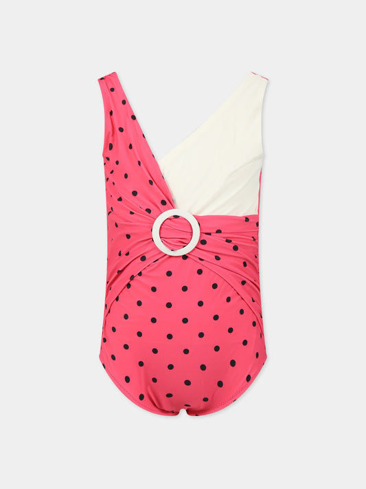 Costume fucsia intero per bambina con pois neri,Mini Rodini,2328010228