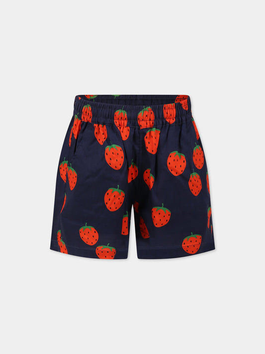 Shorts blu per bambini con stampa fragole,Mini Rodini,2323012260