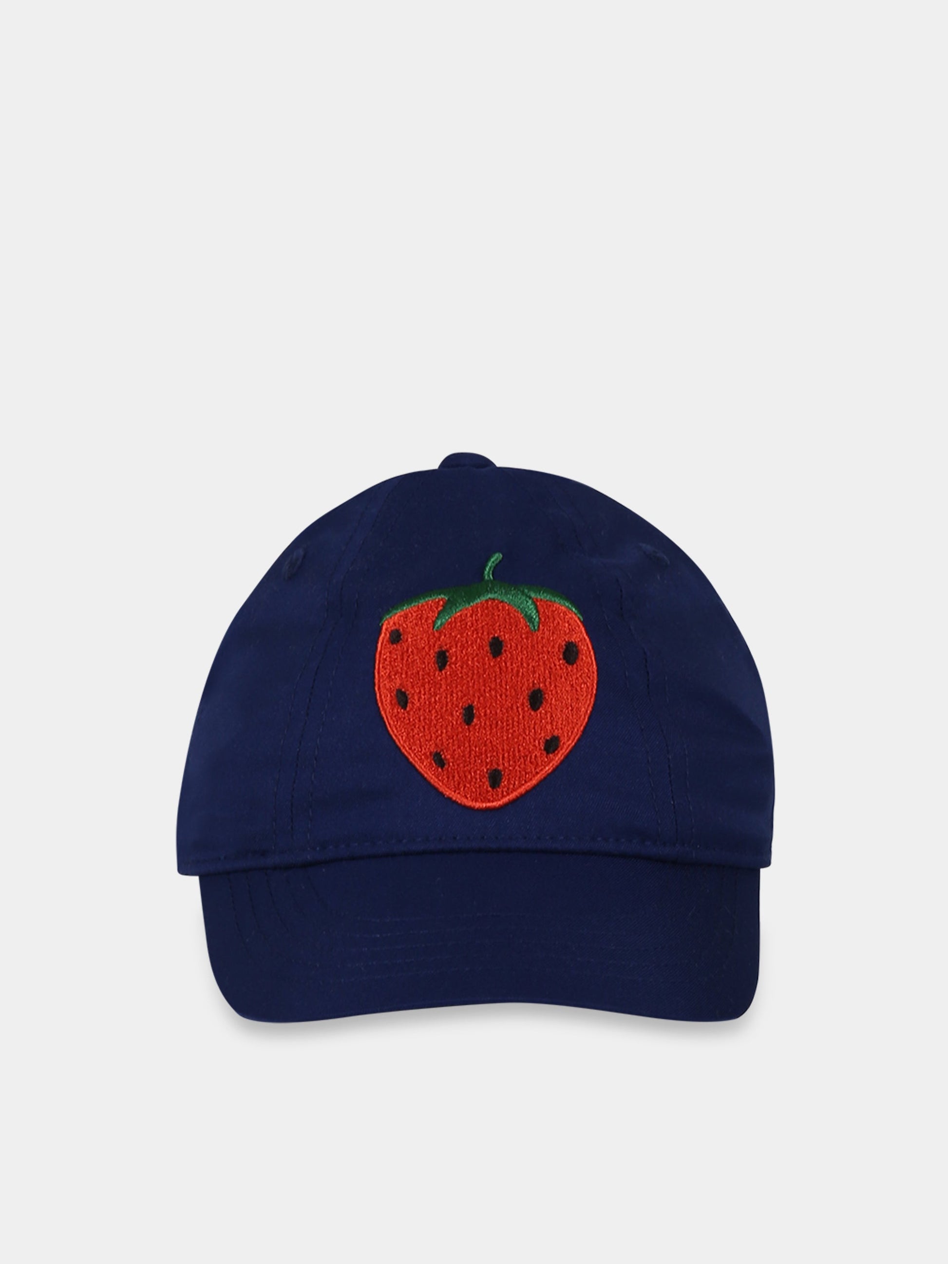 Cappello blu per bambini con fragola e logo,Mini Rodini,2326510960