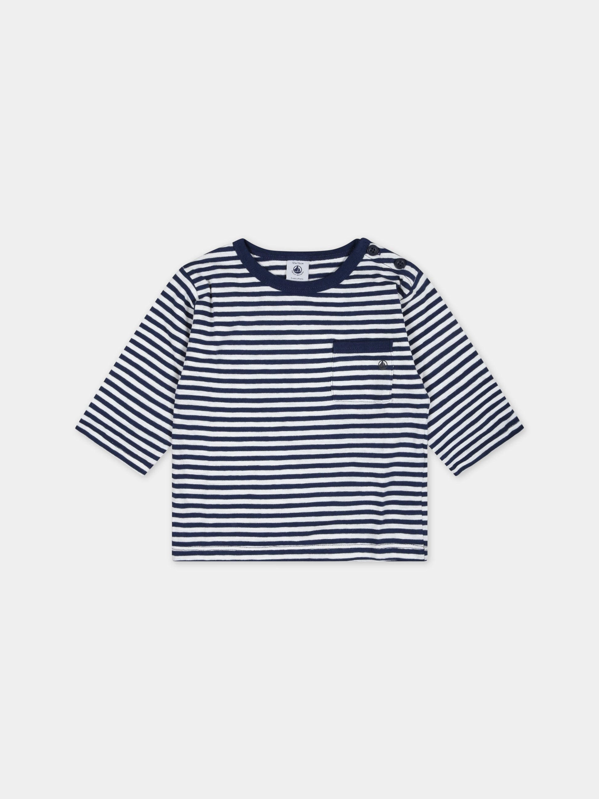 T-shirt multicolor a righe per neonato con logo,Petit Bateau,A0727 MEDIEVAL/MARSHMALLOW