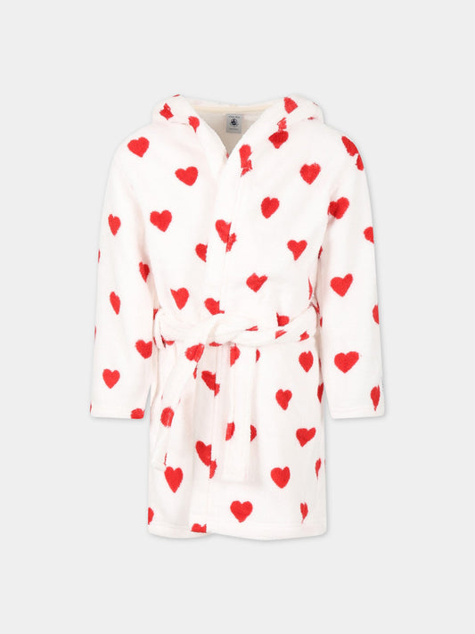 Accappatoio bianco per bambina con cuori e logo,Petit Bateau,A05AR MARSHMALLOW/TERKUIT