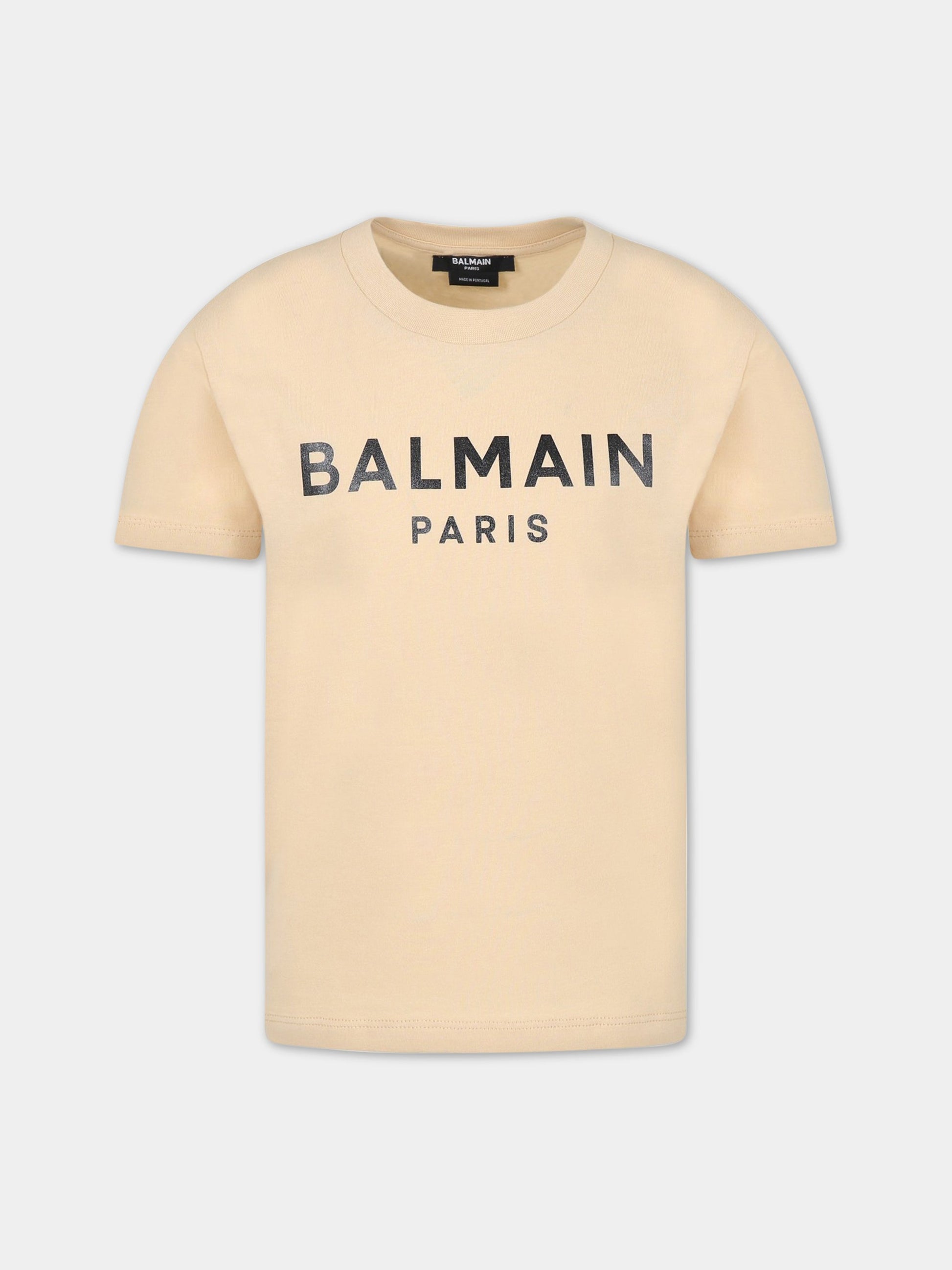 T-shirt beige per bambini con logo nero,Balmain Kids,BS8R51 Z0057 120NE