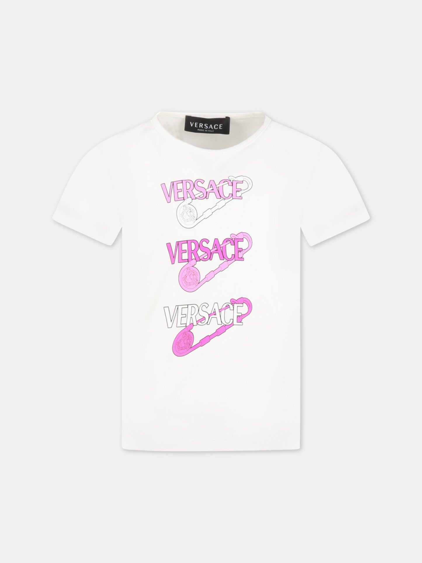 T-shirt bianca per bambina con loghi e Spille Safety,Versace,1009092 1A06482 2W070
