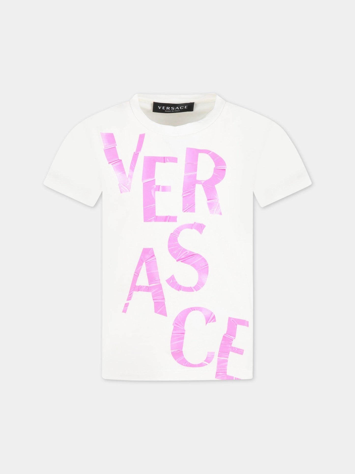 T-shirt bianca per bambina con logo fucsia,Versace,1000239 1A06518 2W310