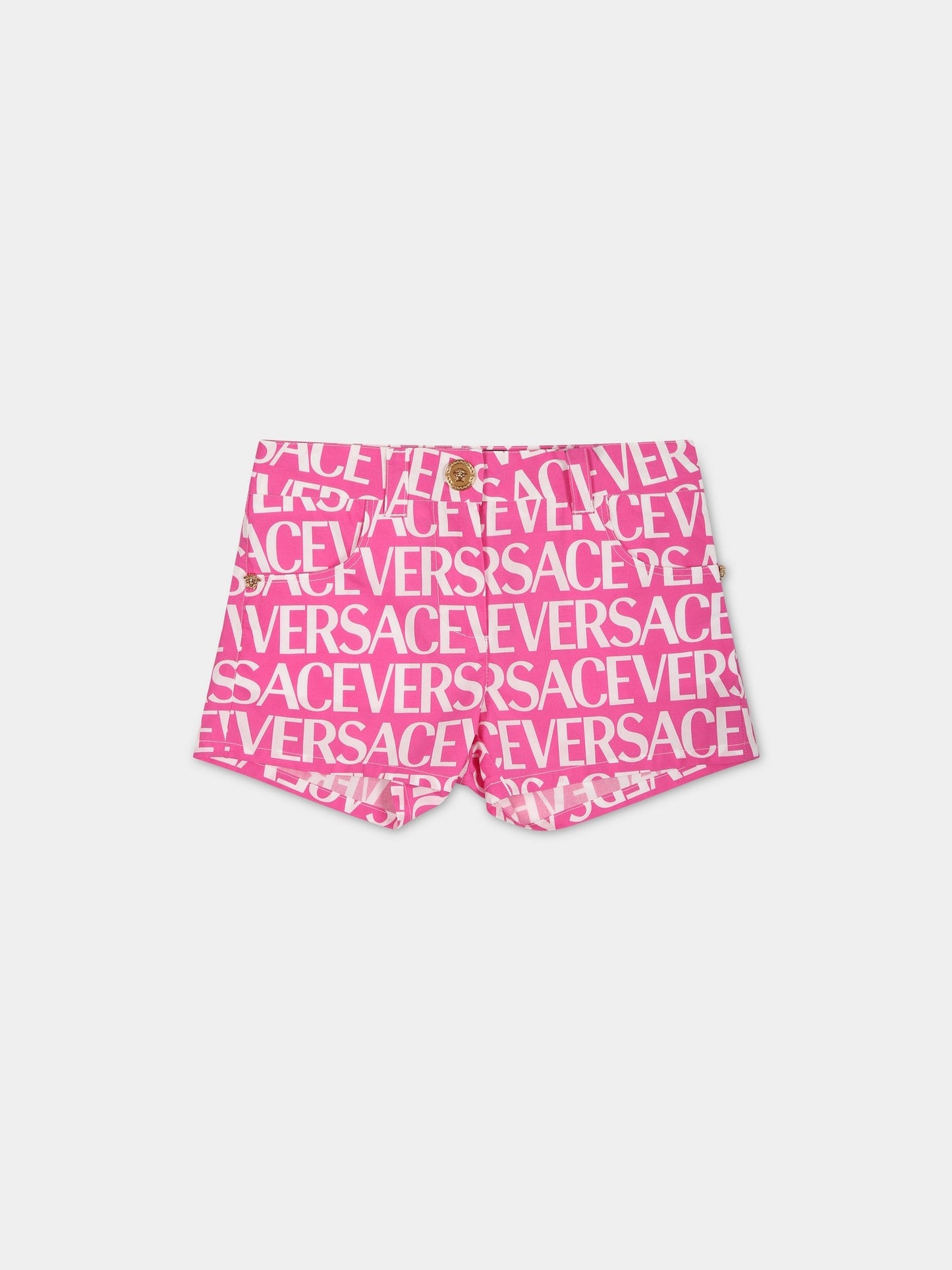 Shorts fucsia per neonata con stampa logo,Versace,1009110 1A05244 5P110