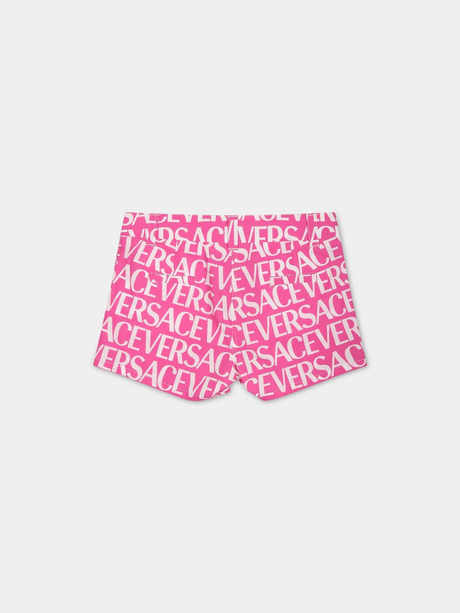 Shorts fucsia per neonata con stampa logo,Versace,1009110 1A05244 5P110