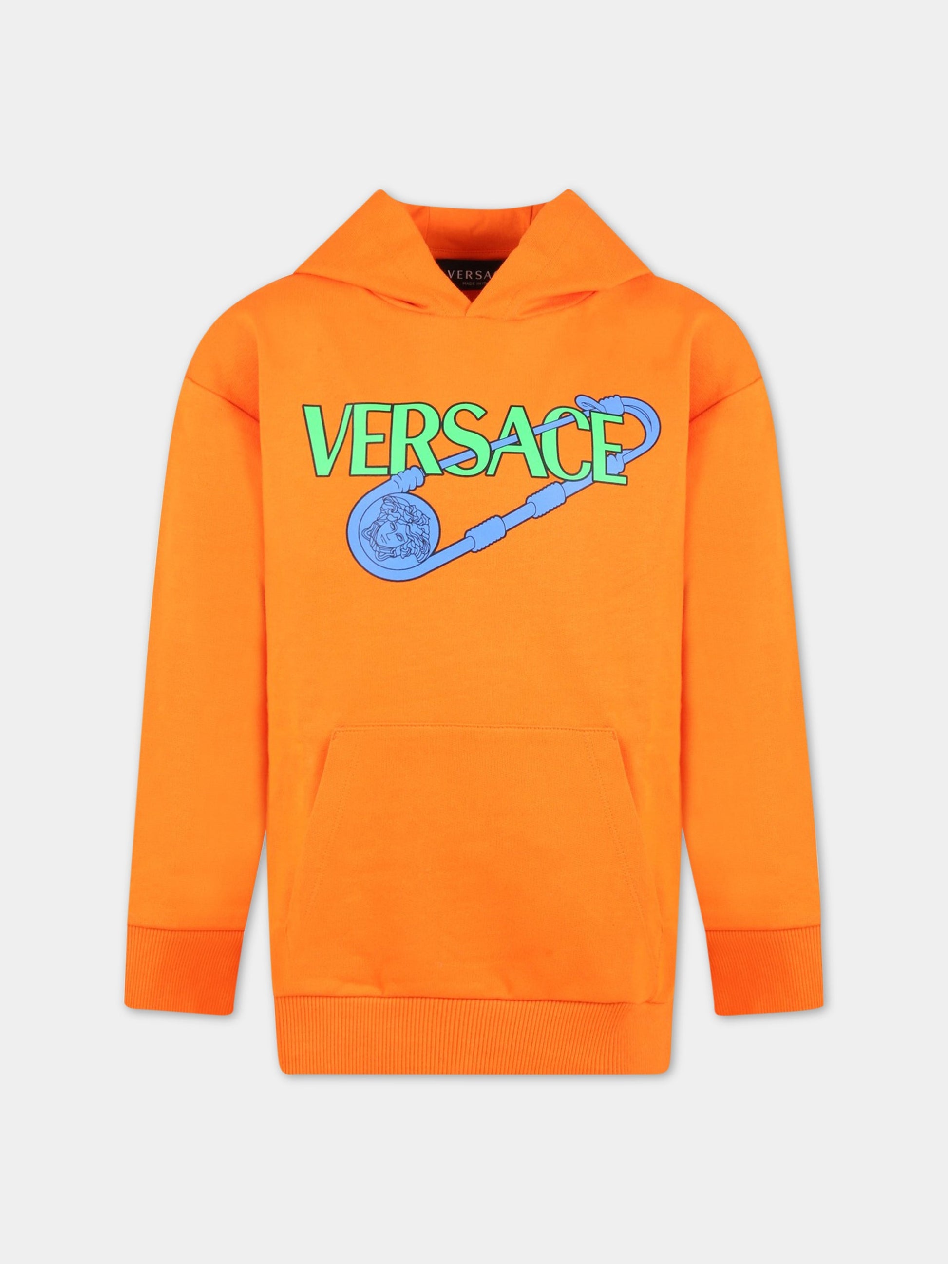 Felpa arancione per bambino con logo e Spilla Safety,Versace,1007359 1A04697 2O410
