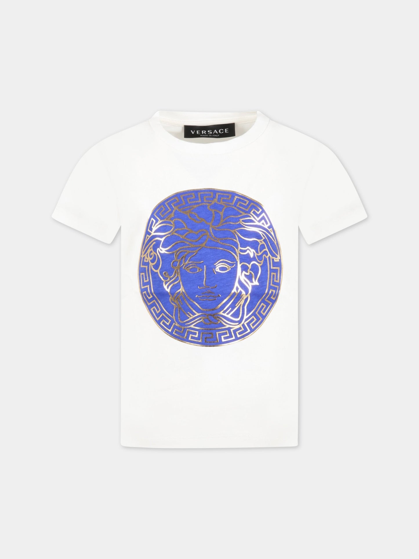 T-shirt bianca per bambino con Medusa blu,Versace,1000239 1A06520 6W800