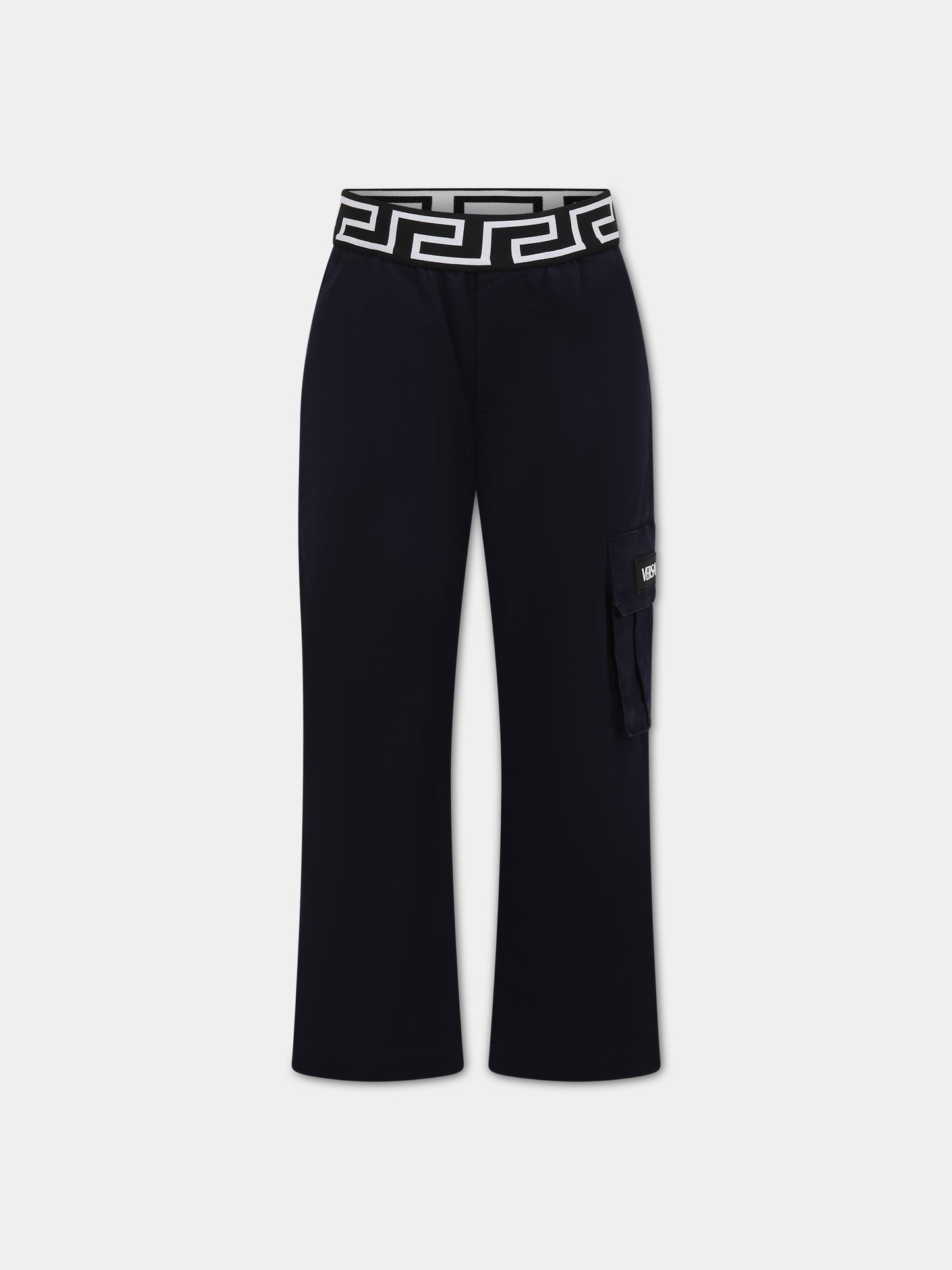 Pantaloni blu per bambino con iconica Greca e logo,Versace,1002266 1A06498 1U180