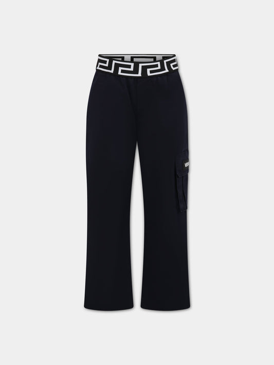 Pantaloni blu per bambino con iconica Greca e logo,Versace,1002266 1A06498 1U180